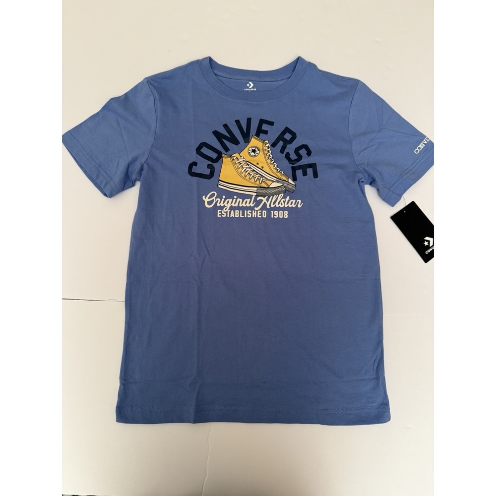 Converse Boys Large T-Shirt Yellow Sneakers Graphic Blue Retro Allstar Kids NWT